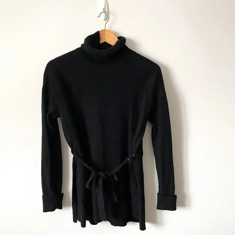 Tahari 100% Extra Fine Merino Wool Turtleneck Tie Sweater w/ Slit Black Medium - Picture 1 of 4